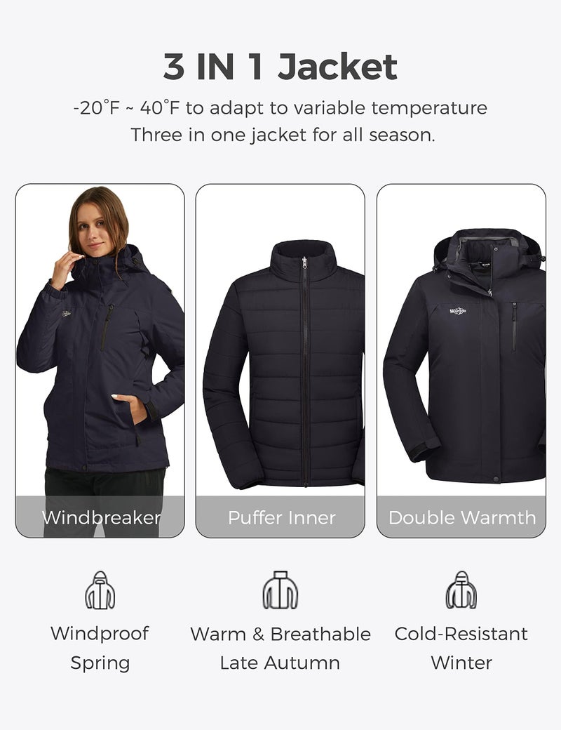 wantdo Women's 3-in-1 Ski Jacket Waterproof Hooded Winter Coat Rain Jackets Black 3XL - Image 3